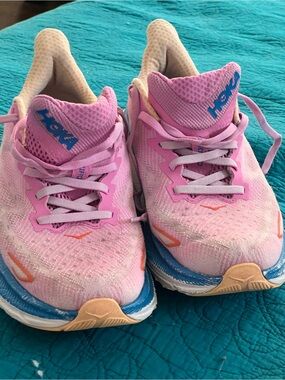 Hoka Women's Pink and Blue Athletic Running Shoes with Tan Accents size 9B